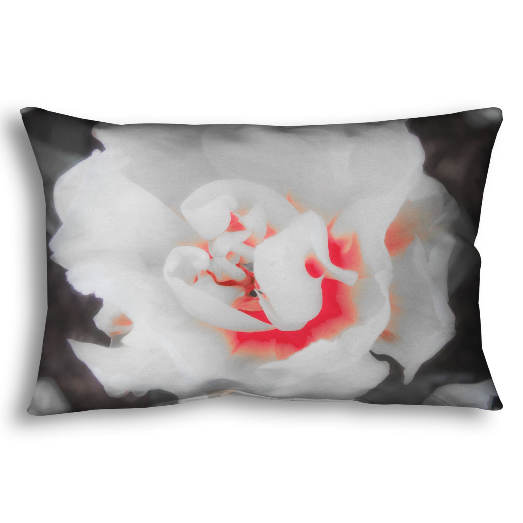 A throw pillow designed with a closeup photograph of a fancy tulip in grayscale, with one pop of pink and red in the center.