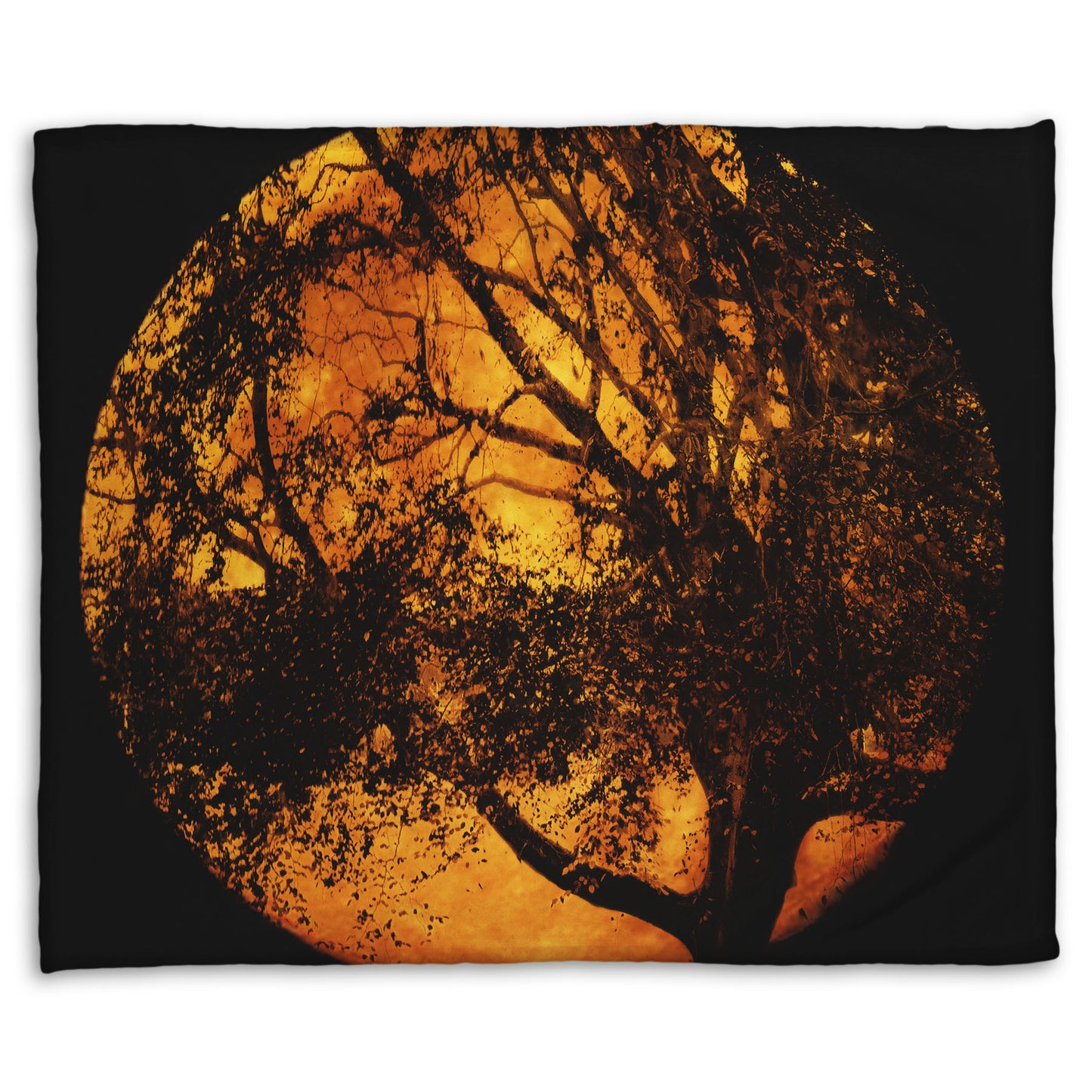 A coral fleece blanket designed with a photo of the black shadow of a tree superimposed over a bright orange full moon.