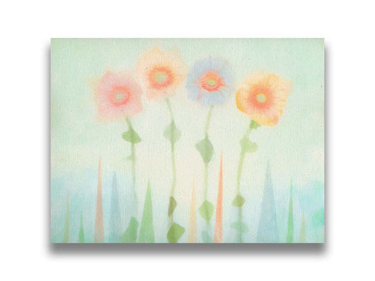 An edited photo of flowers, the stems and background of trees illustrated to look like watercolor. Printed on canvas.