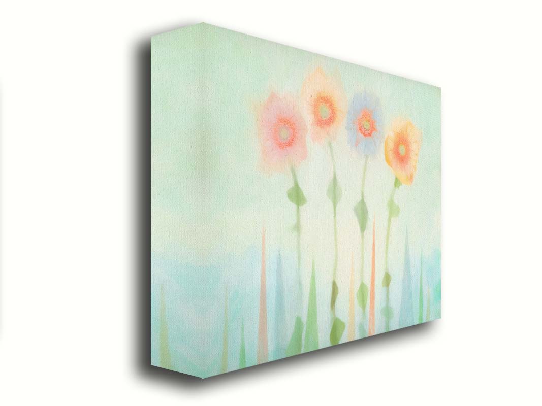 An edited photo of flowers, the stems and background of trees illustrated to look like watercolor. Printed on canvas.