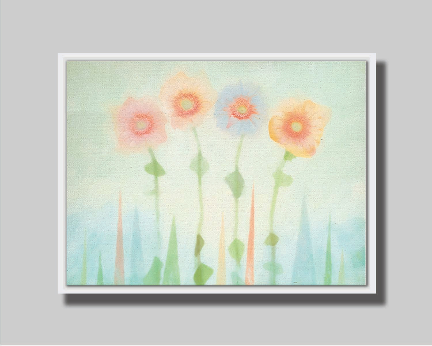 An edited photo of flowers, the stems and background of trees illustrated to look like watercolor. Printed on canvas in a float frame.