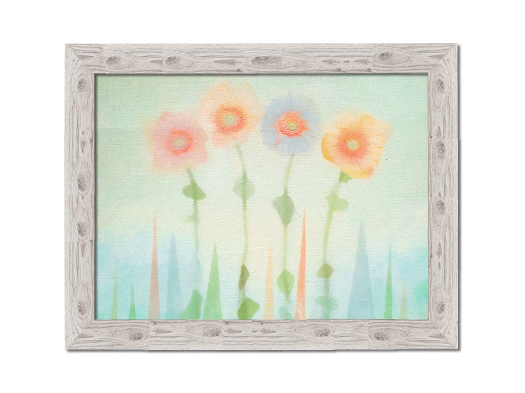 An edited photo of flowers, the stems and background of trees illustrated to look like watercolor. Printed on canvas and framed.