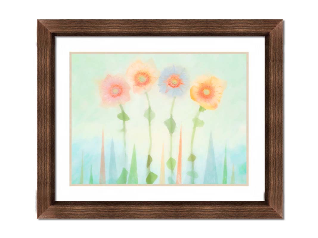 An edited photo of flowers, the stems and background of trees illustrated to look like watercolor. Printed on paper, matted, and framed.