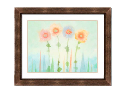 An edited photo of flowers, the stems and background of trees illustrated to look like watercolor. Printed on paper, matted, and framed.