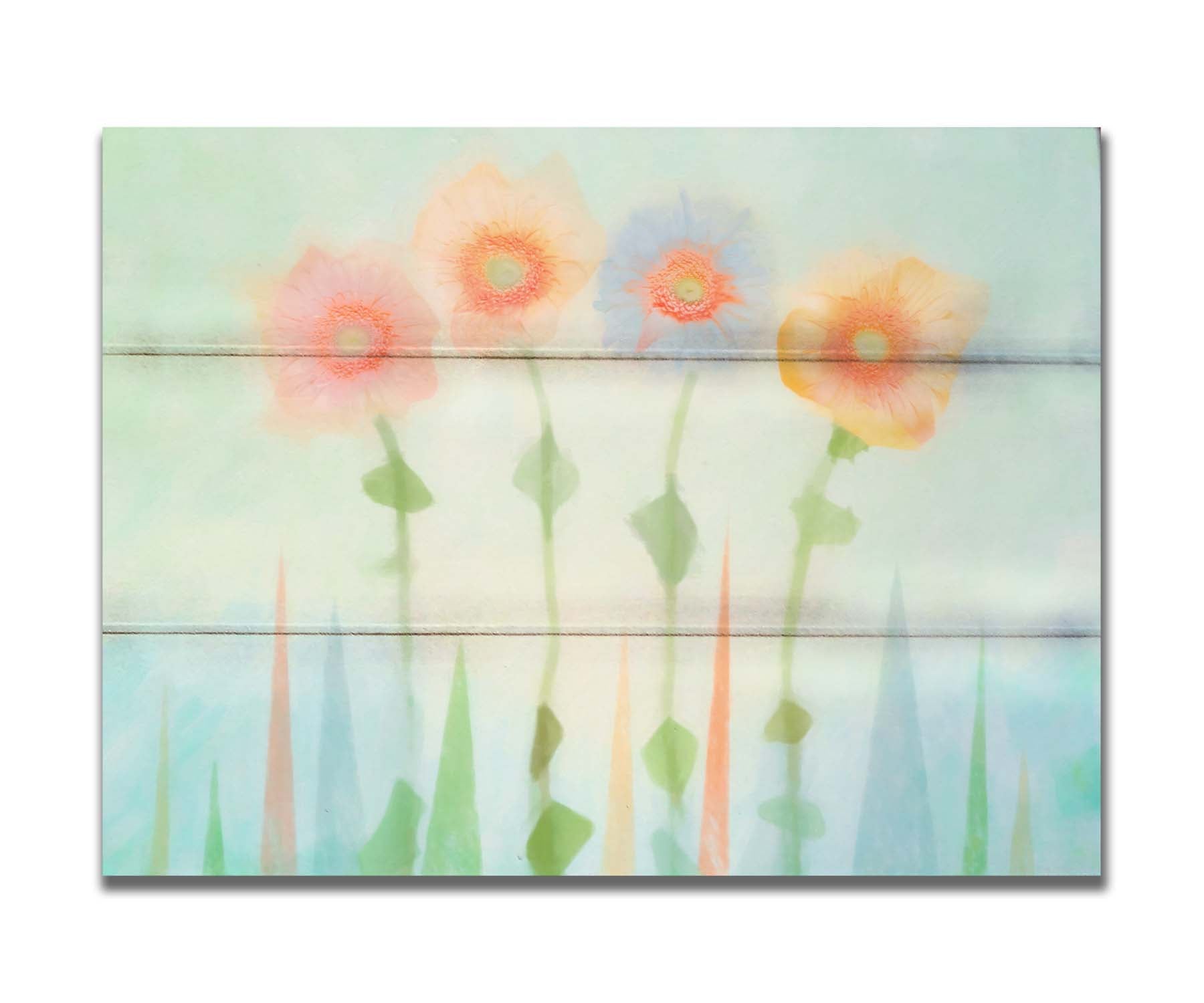 An edited photo of flowers, the stems and background of trees illustrated to look like watercolor. Printed on a box board.