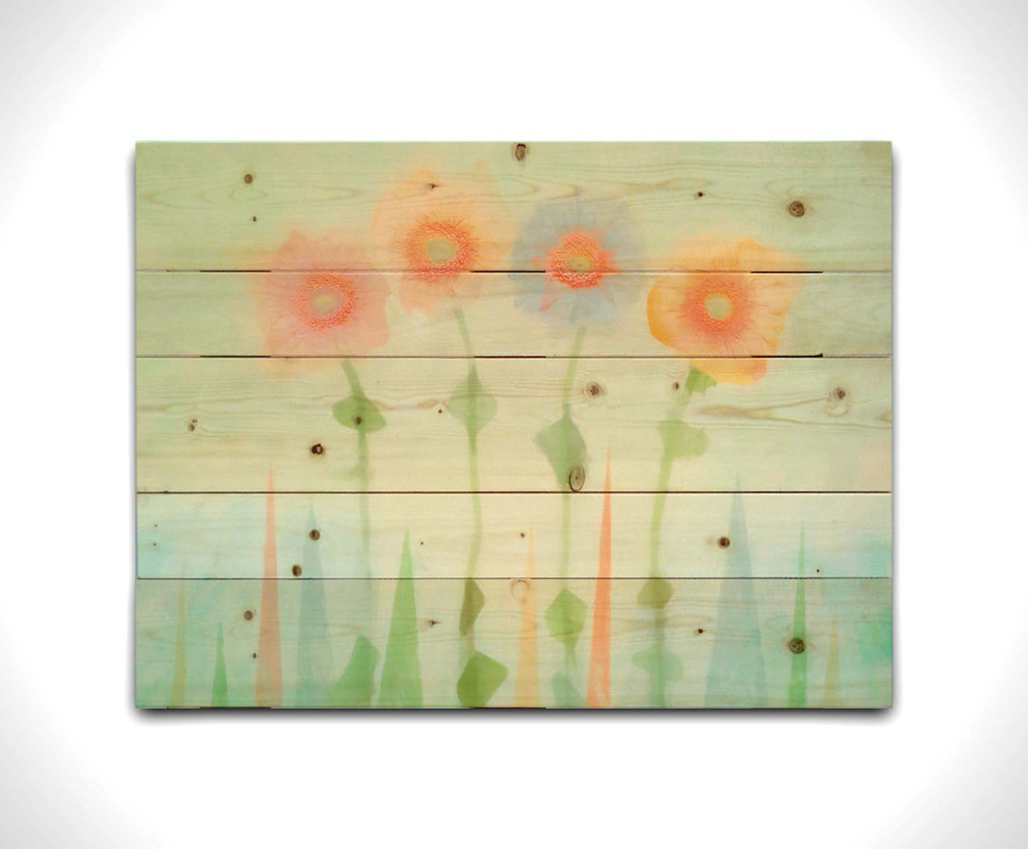 An edited photo of flowers, the stems and background of trees illustrated to look like watercolor. Printed on a wood pallet.