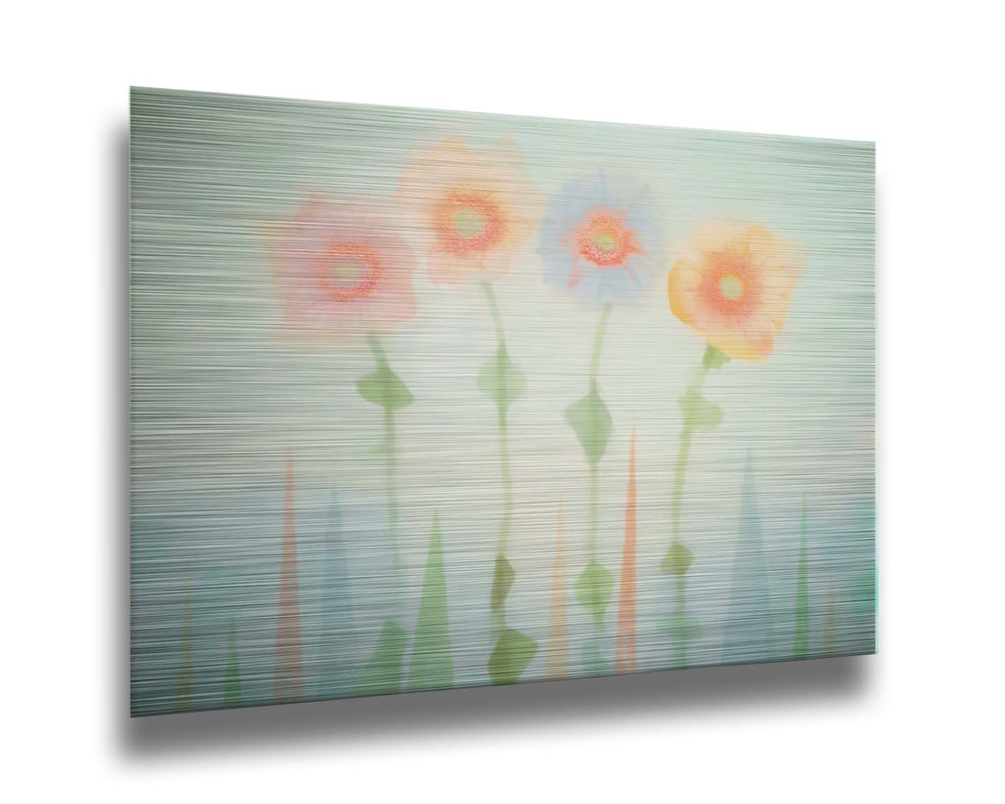 An edited photo of flowers, the stems and background of trees illustrated to look like watercolor. Printed on metal.