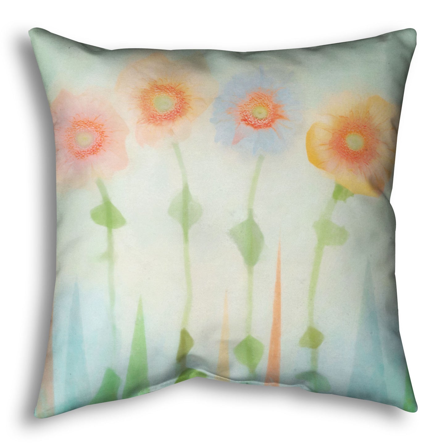 A throw pillow designed with an edited photo of flowers, the stems and background of trees illustrated to look like watercolor.