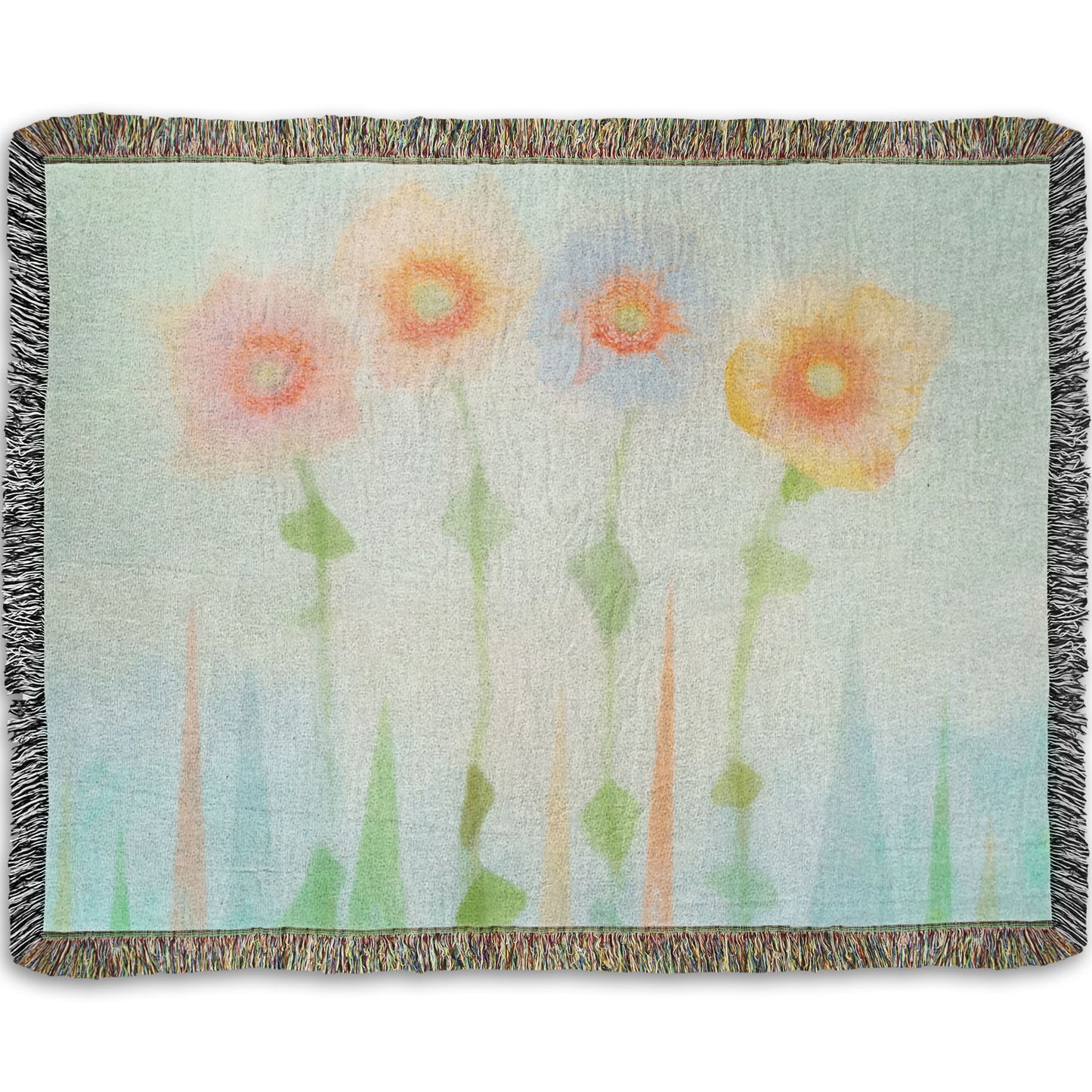 A woven throw blanket designed with an edited photo of flowers, the stems and background of trees illustrated to look like watercolor.