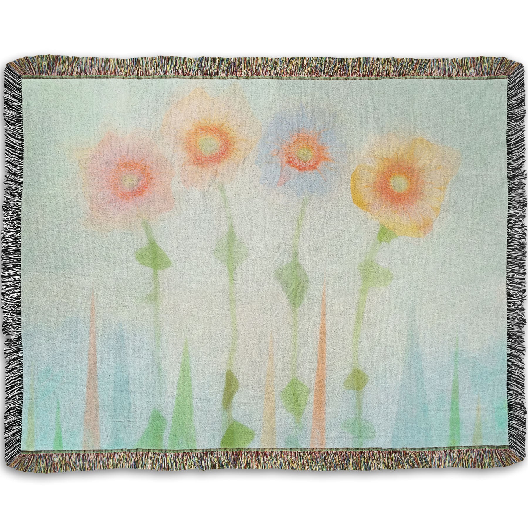A woven throw blanket designed with an edited photo of flowers, the stems and background of trees illustrated to look like watercolor.