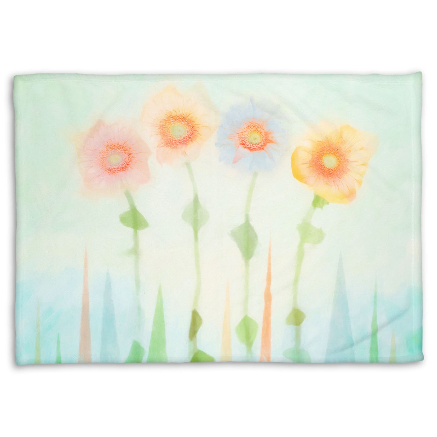 A coral fleece blanket designed with an edited photo of flowers, the stems and background of trees illustrated to look like watercolor.