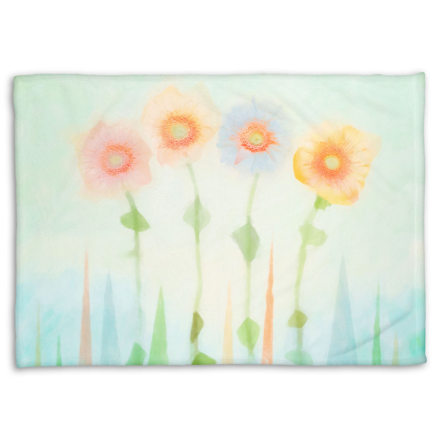 A coral fleece blanket designed with an edited photo of flowers, the stems and background of trees illustrated to look like watercolor.
