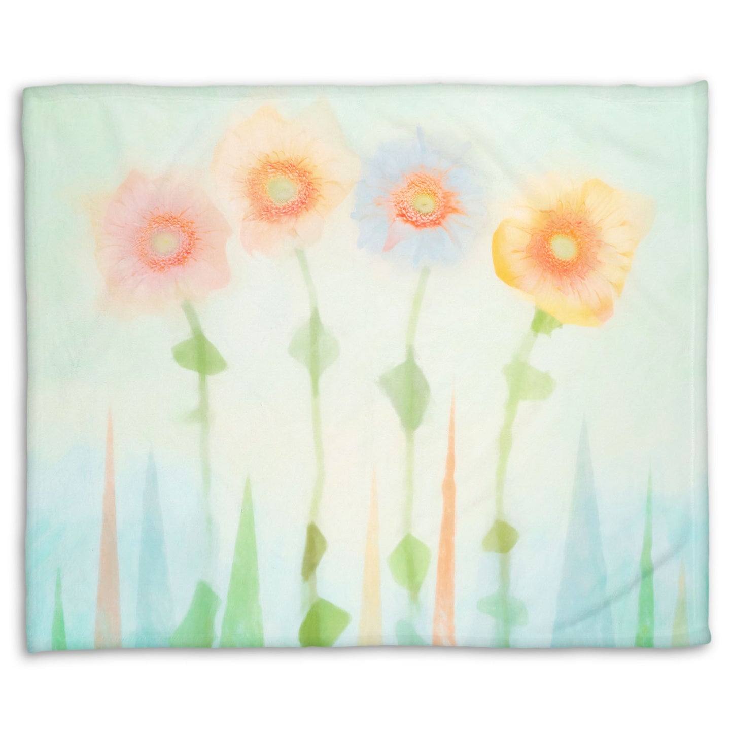 A coral fleece blanket designed with an edited photo of flowers, the stems and background of trees illustrated to look like watercolor.
