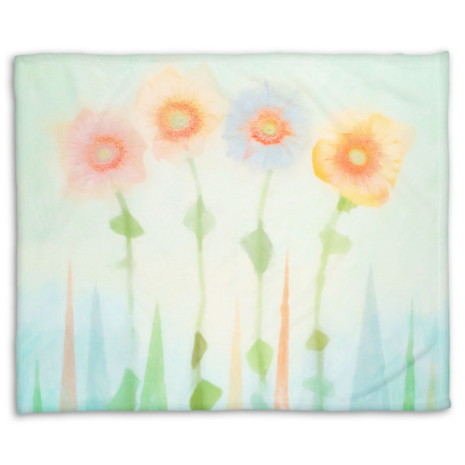 A coral fleece blanket designed with an edited photo of flowers, the stems and background of trees illustrated to look like watercolor.