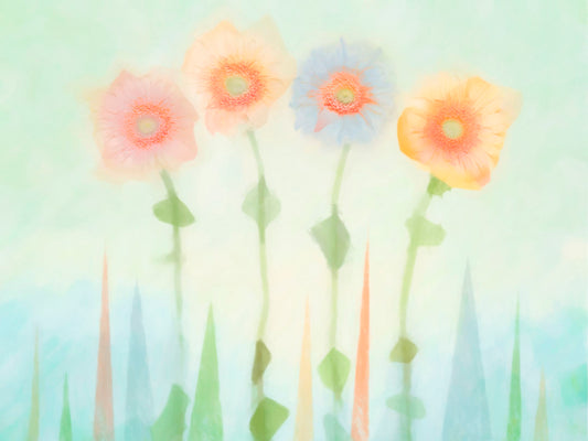 An edited photo of flowers, the stems and background of trees illustrated to look like watercolor.