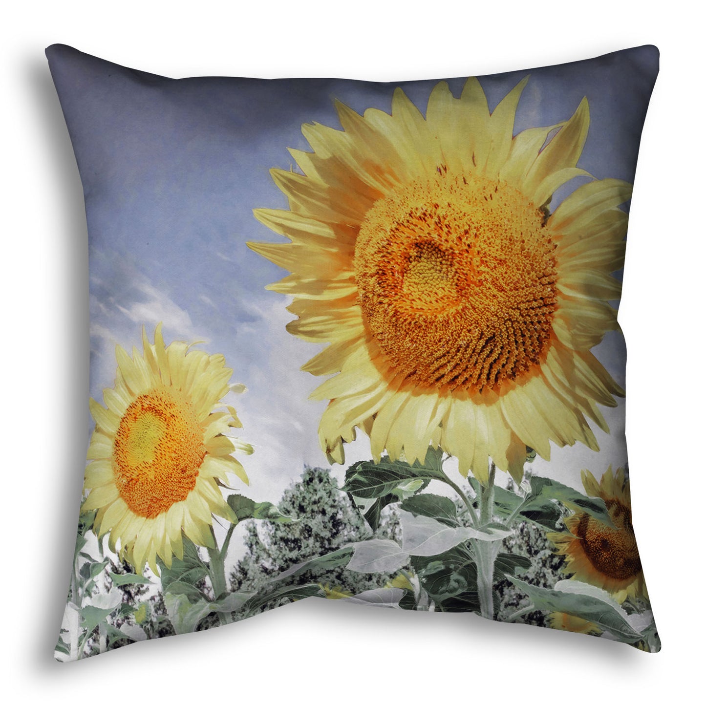 A throw pillow designed with a desaturated photo of a group of yellow sunflowers against a blue sky. 
