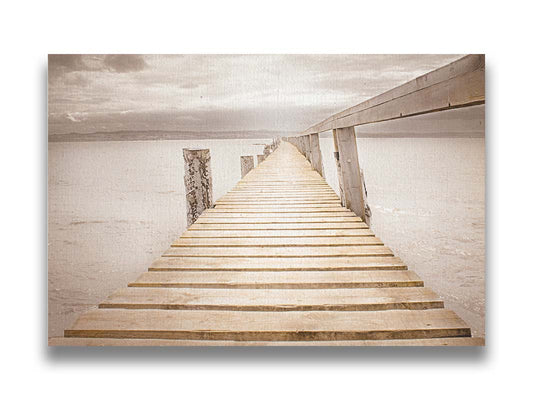 A photo looking along a pier out into the water, edited in a sepia tone. Printed on canvas.