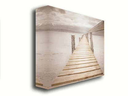 A photo looking along a pier out into the water, edited in a sepia tone. Printed on canvas.