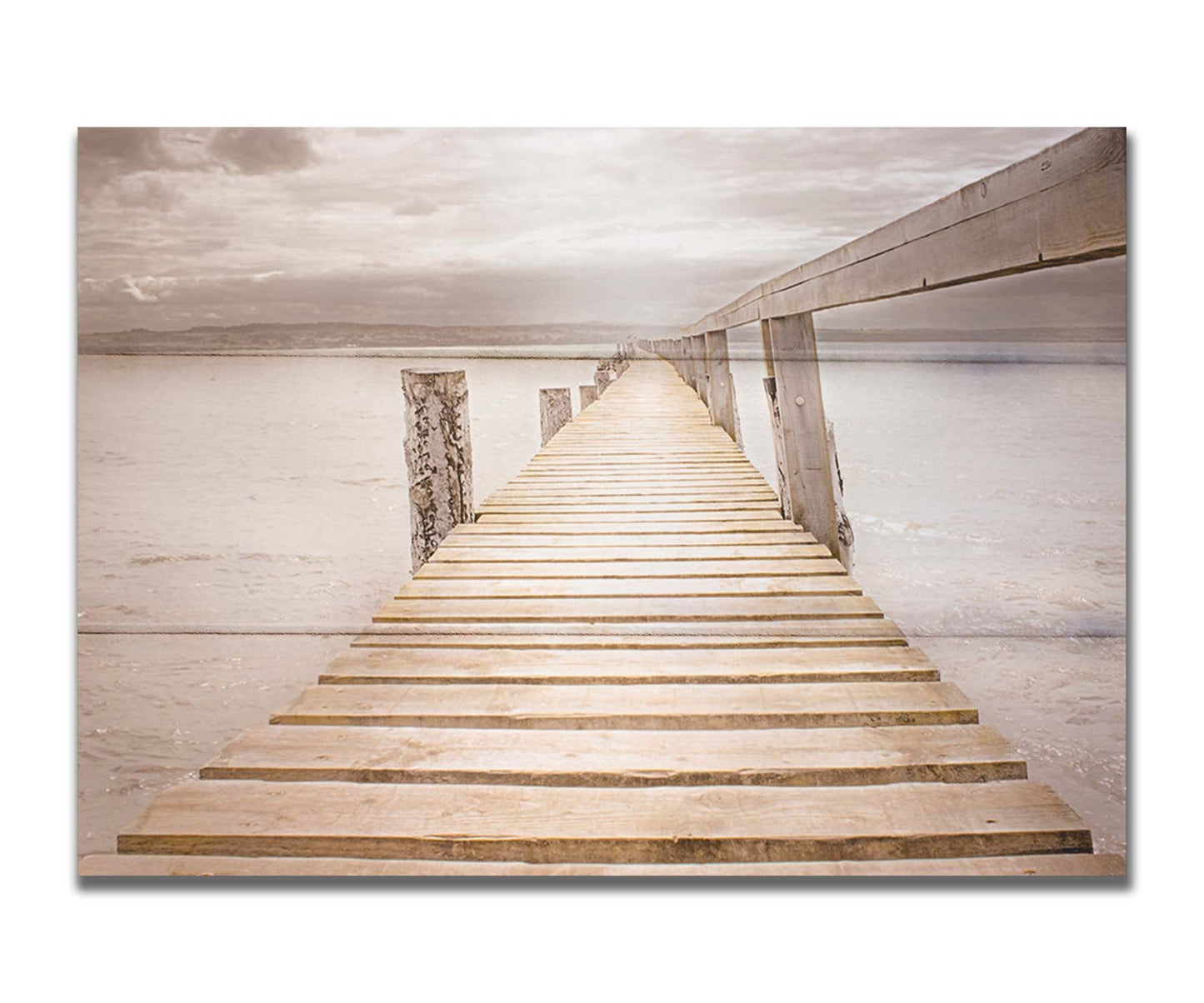 A photo looking along a pier out into the water, edited in a sepia tone. Printed on a box board.