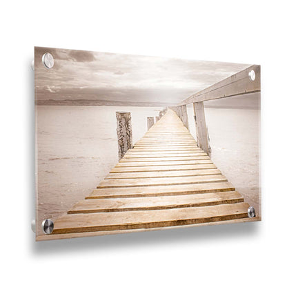 A photo looking along a pier out into the water, edited in a sepia tone. Printed on acrylic.