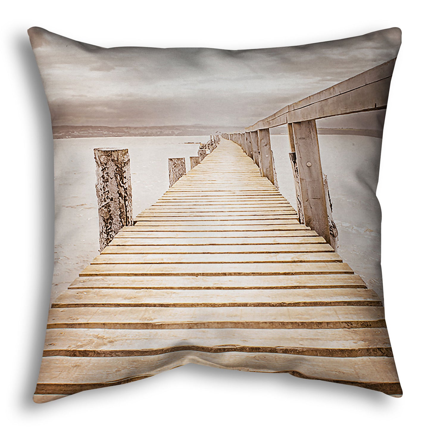 A throw pillow designed with a photo looking along a pier out into the water, edited in a sepia tone.