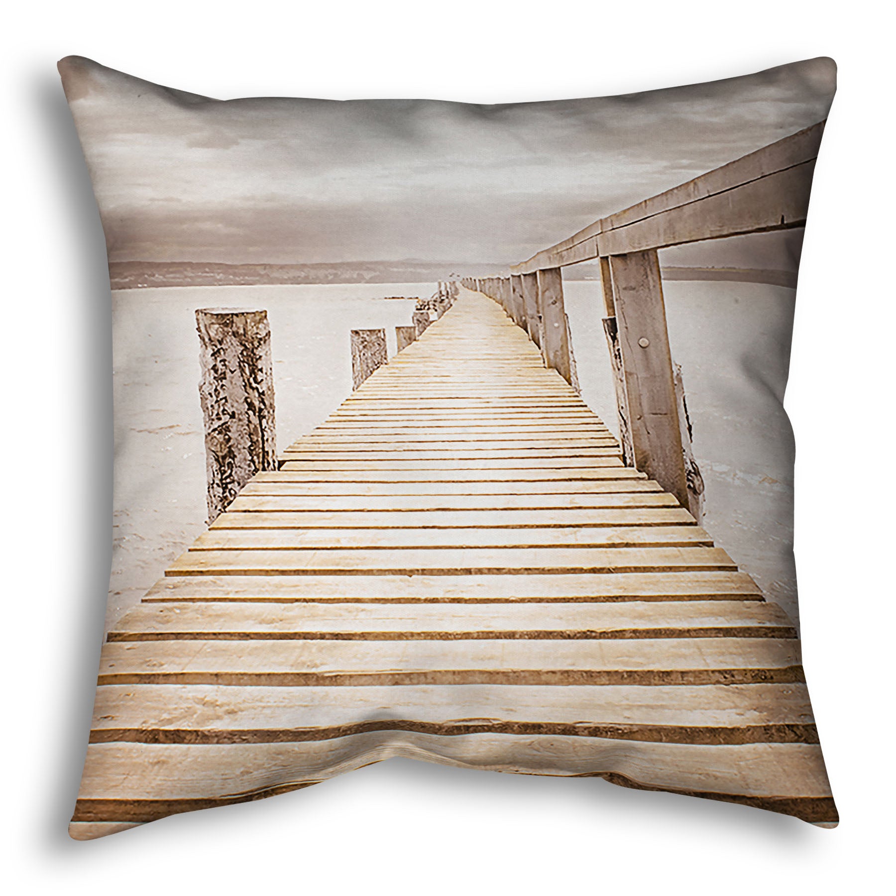 A throw pillow designed with a photo looking along a pier out into the water, edited in a sepia tone.