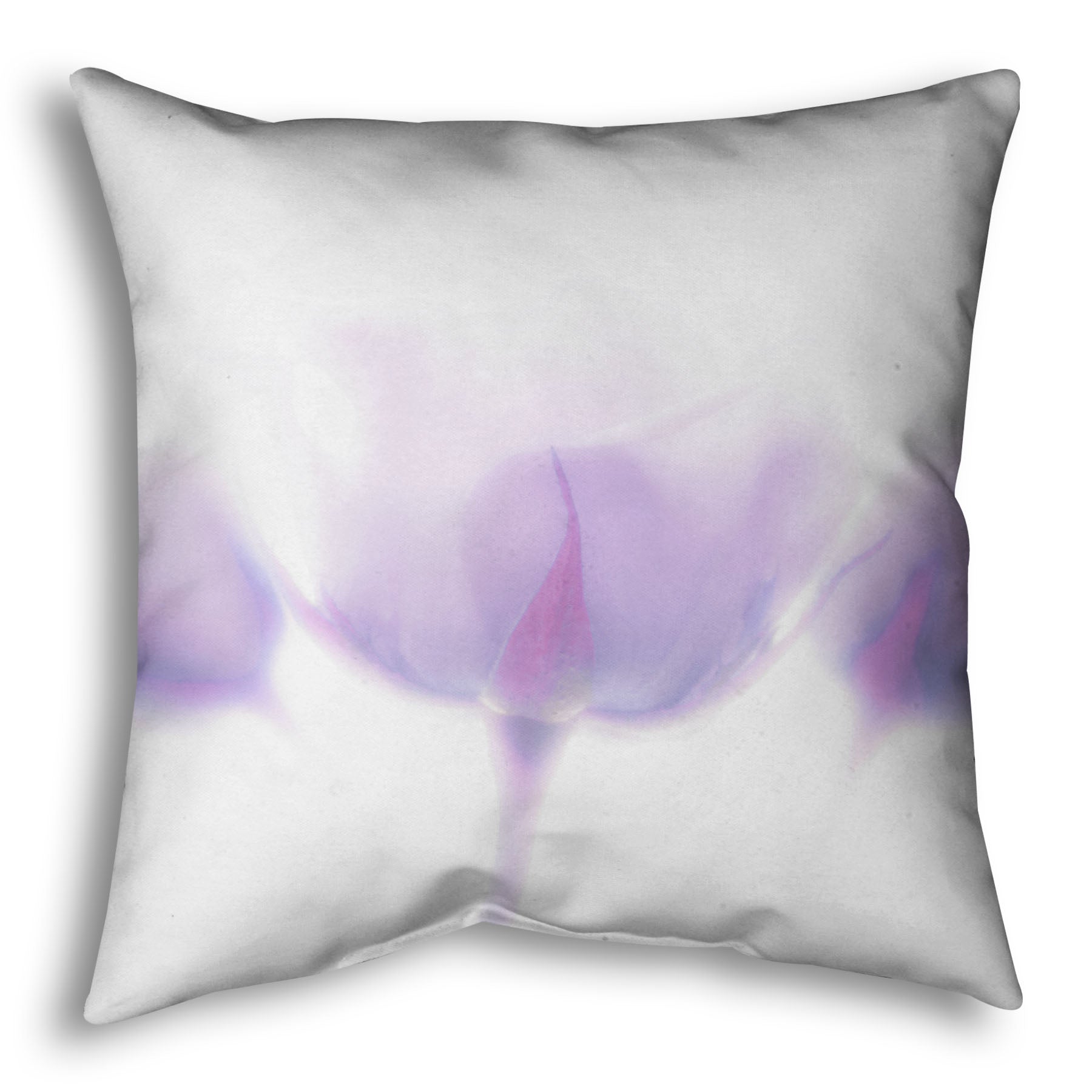 A throw pillow designed with a  photo of three pale purple roses against a pure white background, enveloped in a gentle white glow.