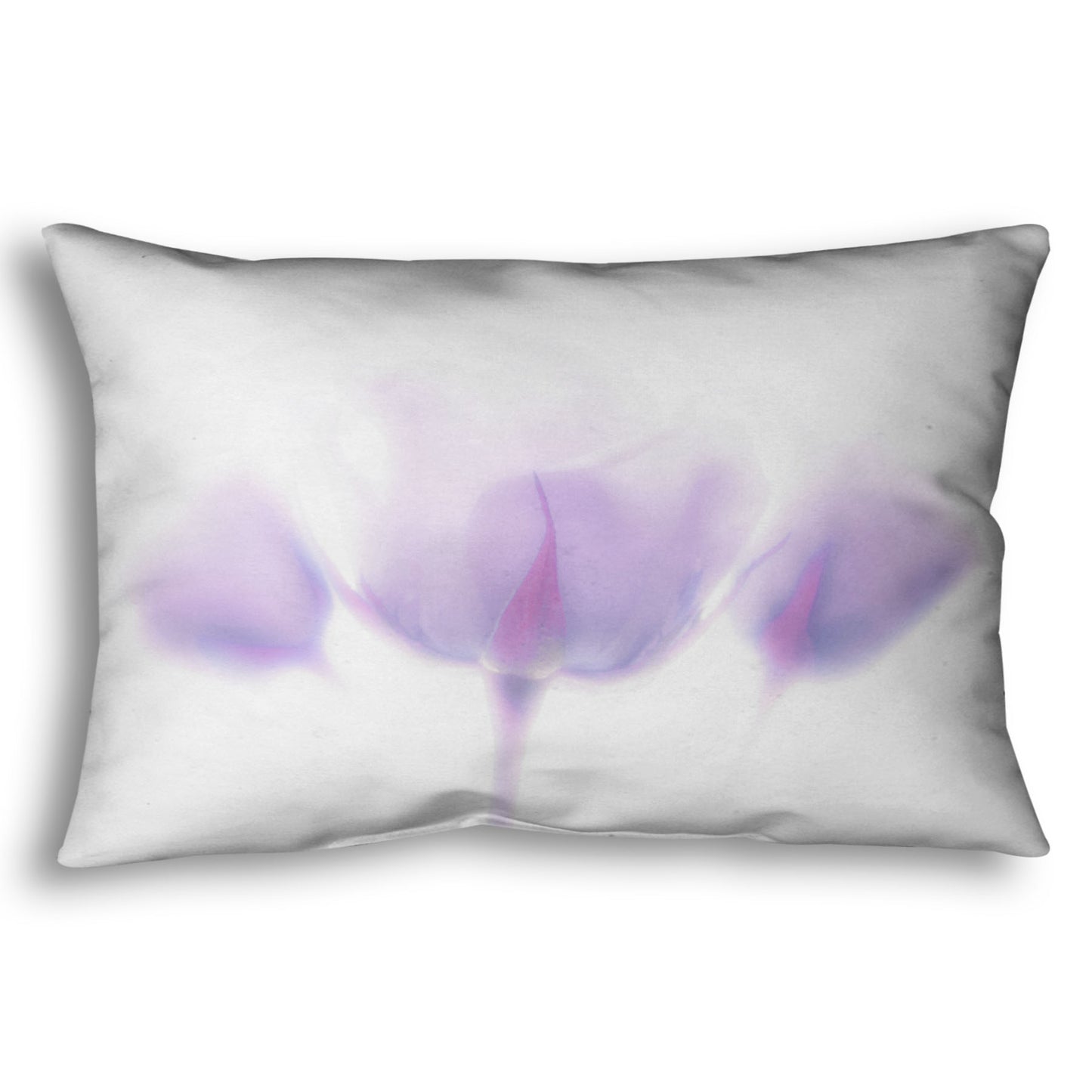 A throw pillow designed with a  photo of three pale purple roses against a pure white background, enveloped in a gentle white glow.