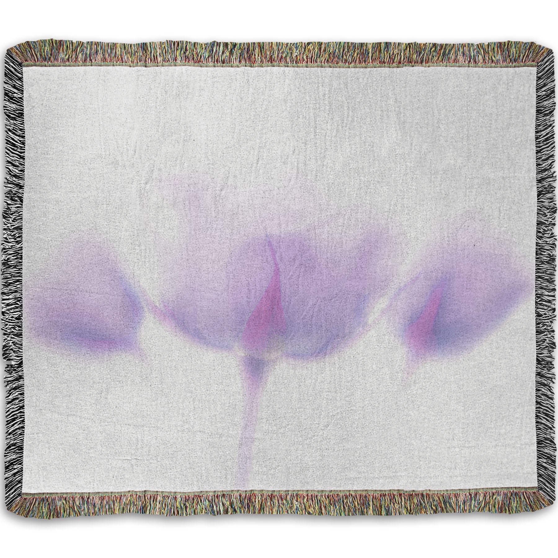 A woven throw blanket designed with a  photo of three pale purple roses against a pure white background, enveloped in a gentle white glow.