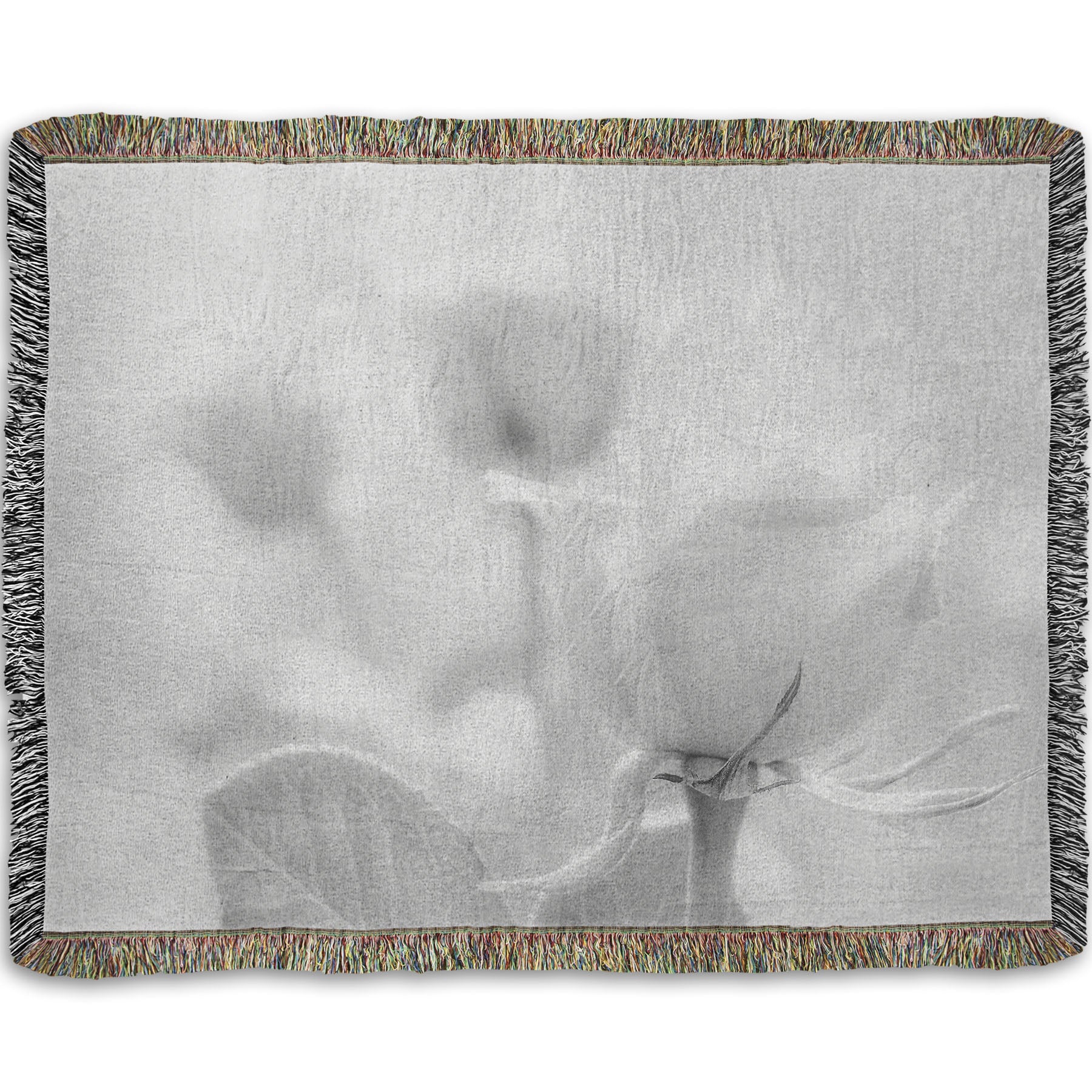 A woven throw blanket designed with a grayscale photo of three roses bathed in a soft white light. 