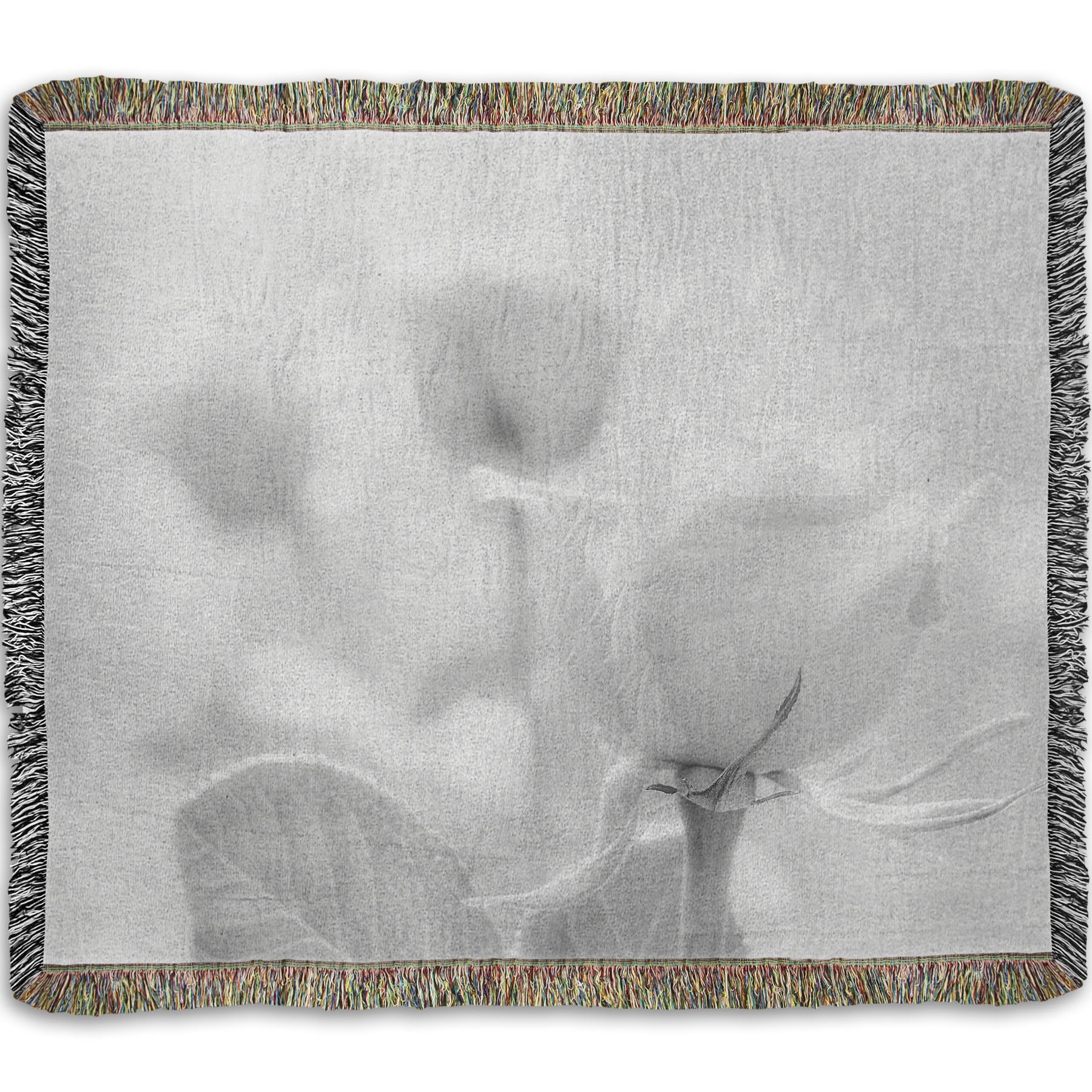 A woven throw blanket designed with a grayscale photo of three roses bathed in a soft white light. 