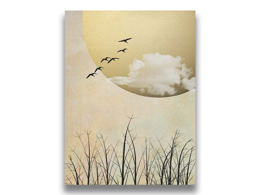 A photo collage art piece of migratory birds flying south for the winter, silhouetted against a big gold moon. Printed on canvas.