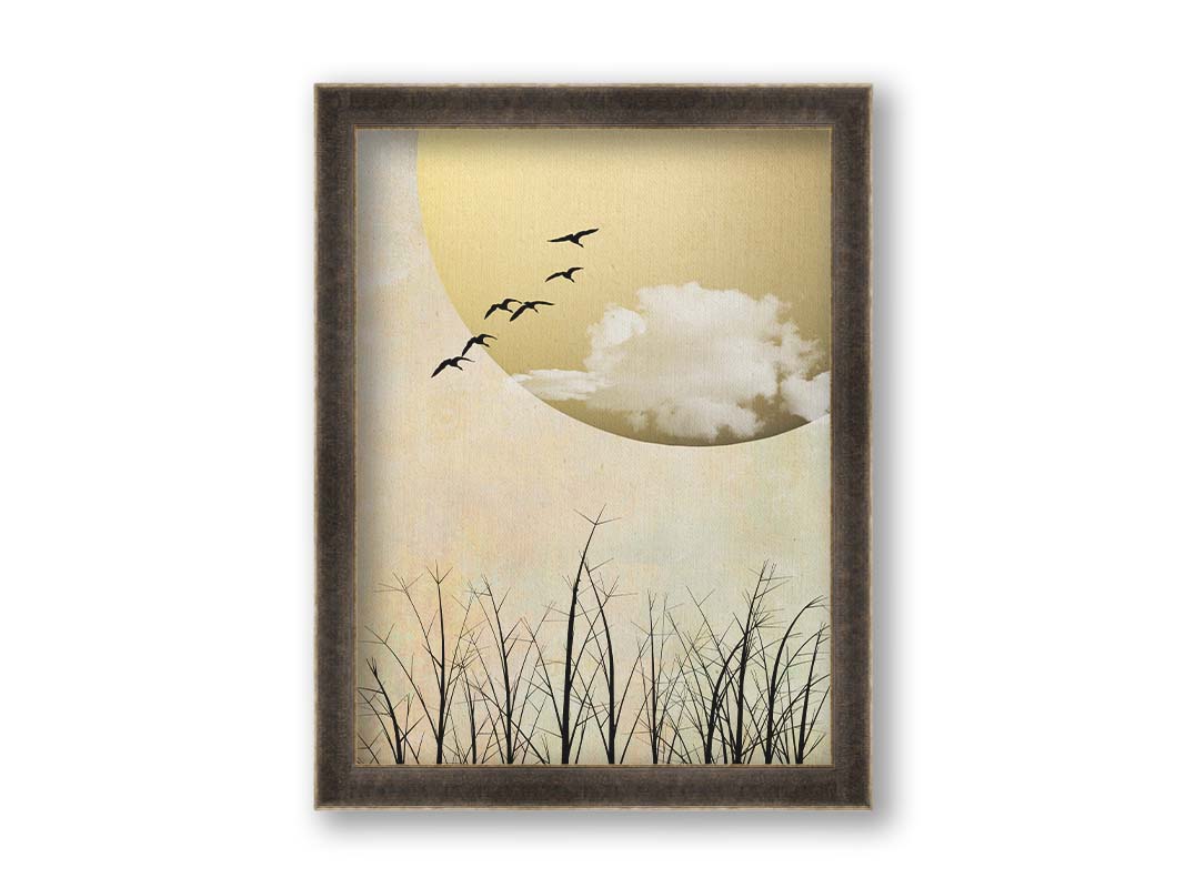 A photo collage art piece of migratory birds flying south for the winter, silhouetted against a big gold moon. Printed on canvas and framed.