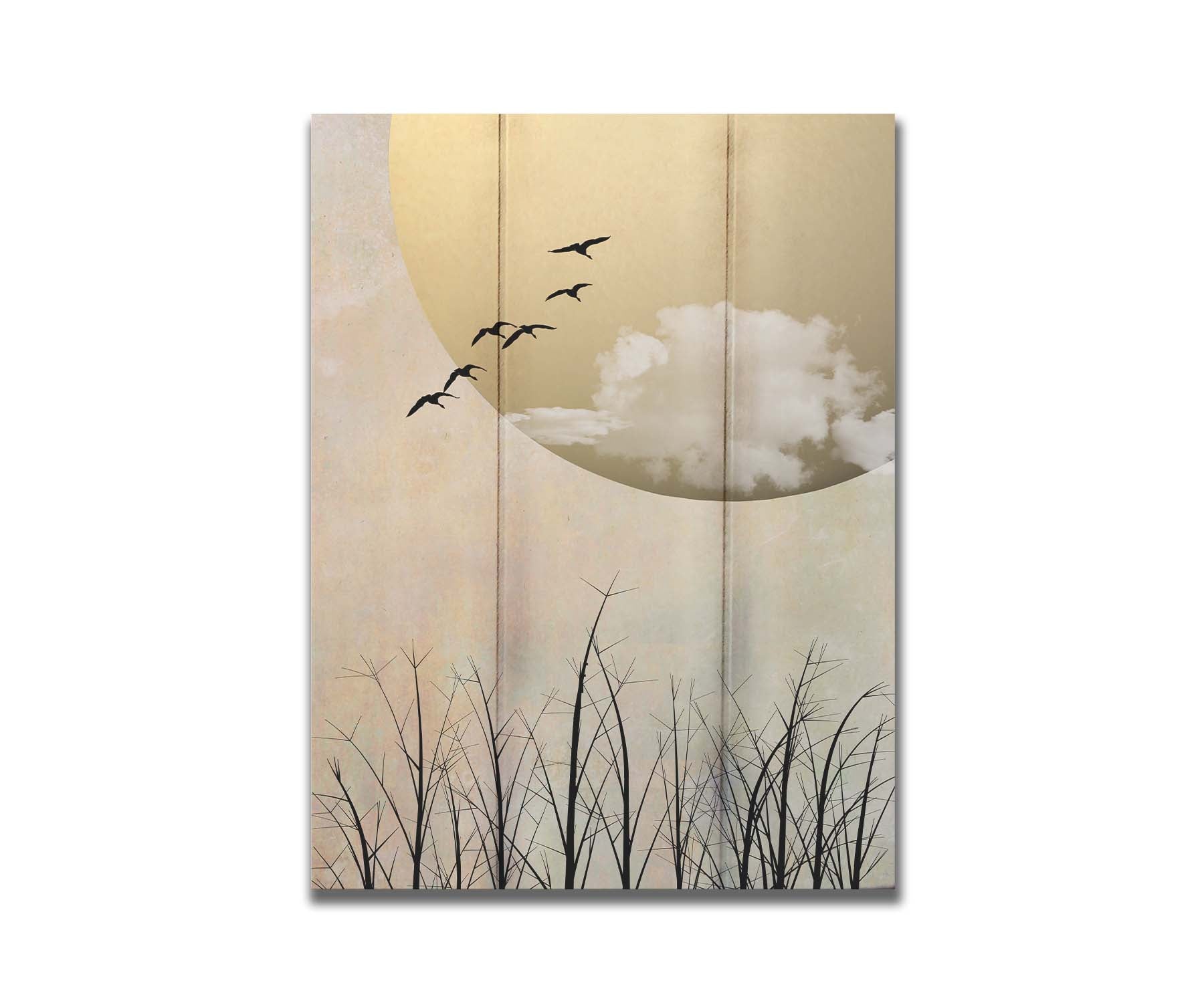 A photo collage art piece of migratory birds flying south for the winter, silhouetted against a big gold moon. Printed on a box board.