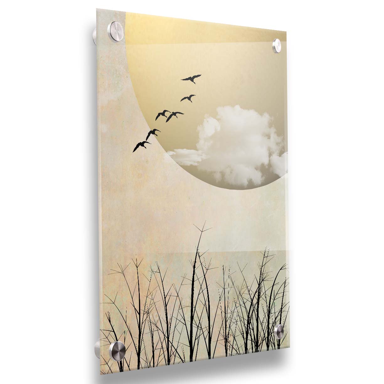 A photo collage art piece of migratory birds flying south for the winter, silhouetted against a big gold moon. Printed on acrylic.