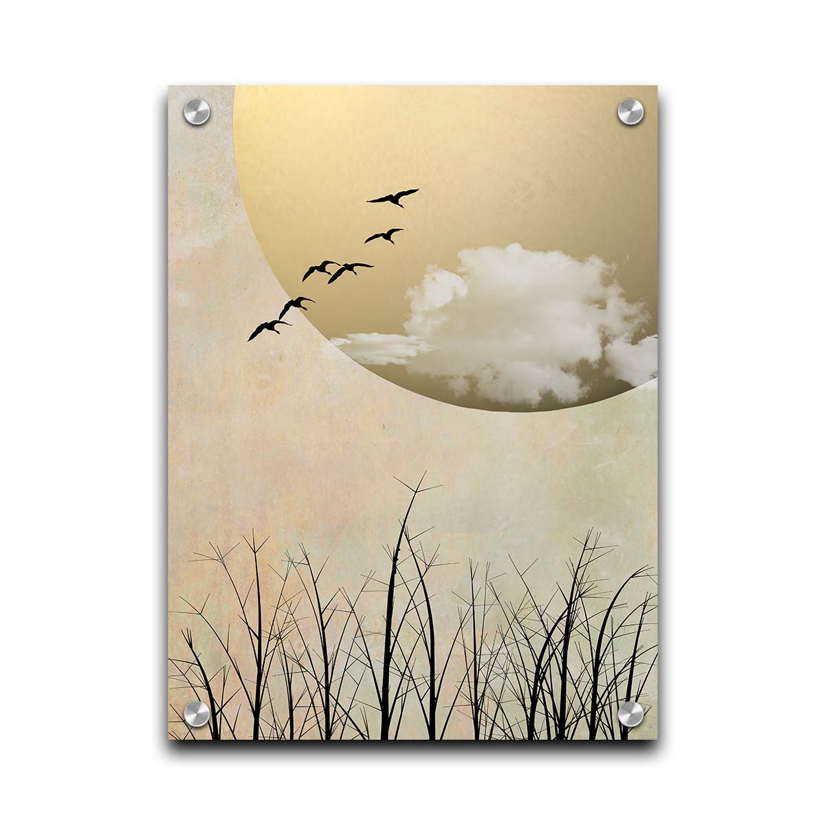 A photo collage art piece of migratory birds flying south for the winter, silhouetted against a big gold moon. Printed on acrylic.