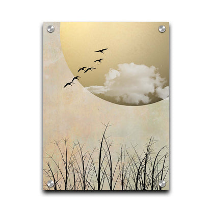 A photo collage art piece of migratory birds flying south for the winter, silhouetted against a big gold moon. Printed on acrylic.