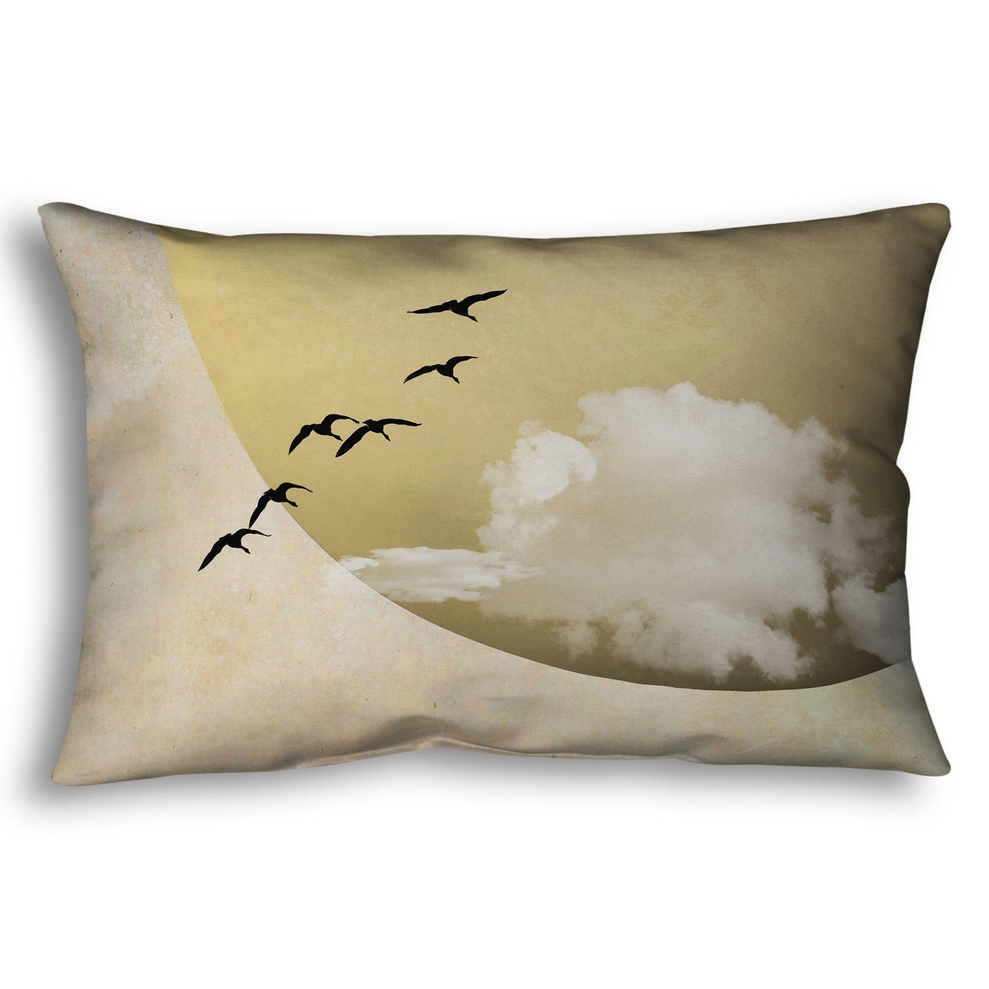 Throw pillow designed with a photo collage of migratory birds flying south for the winter, silhouetted against a big gold moon. 