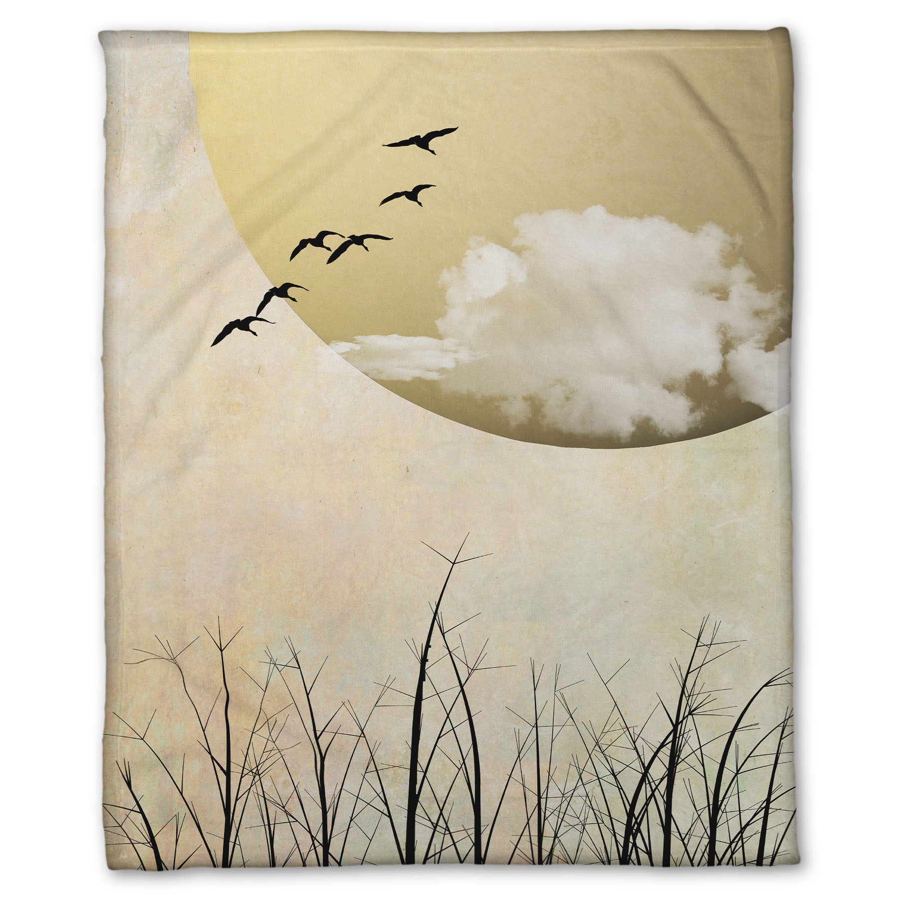 Fleece throw blanket designed with a photo collage of migratory birds flying south for the winter, silhouetted against a big gold moon. 