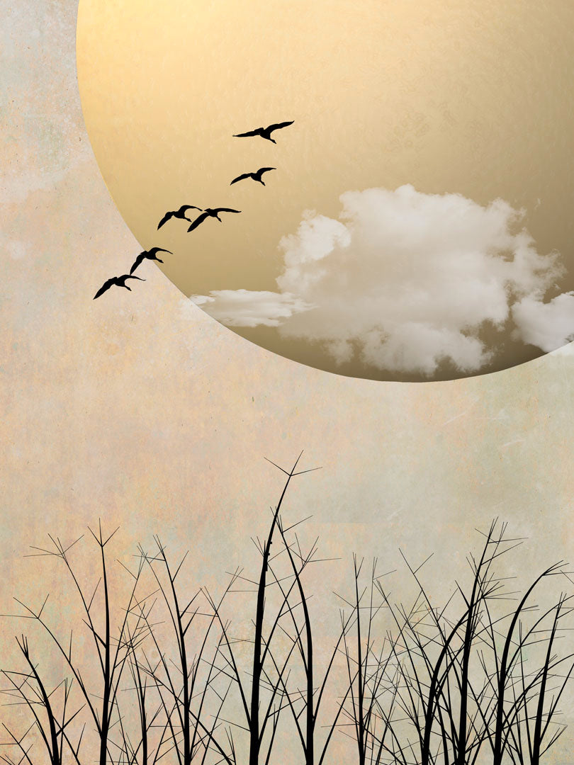 A photo collage art piece of migratory birds flying south for the winter, silhouetted against a big gold moon. 