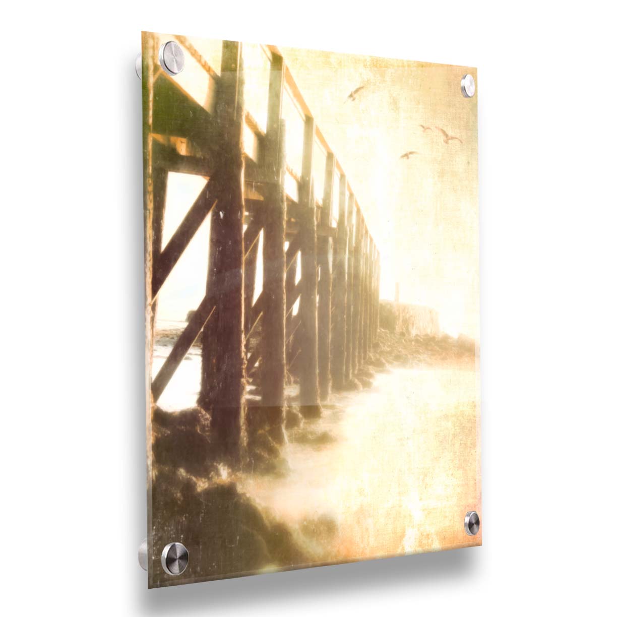 A sepia photo looking out to sea along the side of a pier, as seagulls fly above. Printed on acrylic.