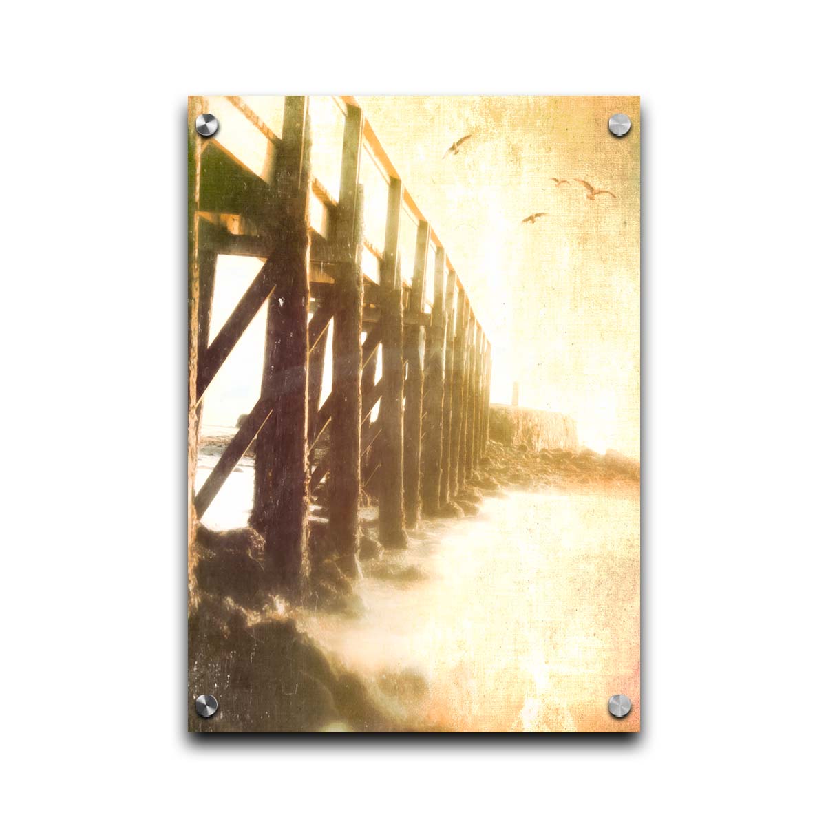 A sepia photo looking out to sea along the side of a pier, as seagulls fly above. Printed on acrylic.