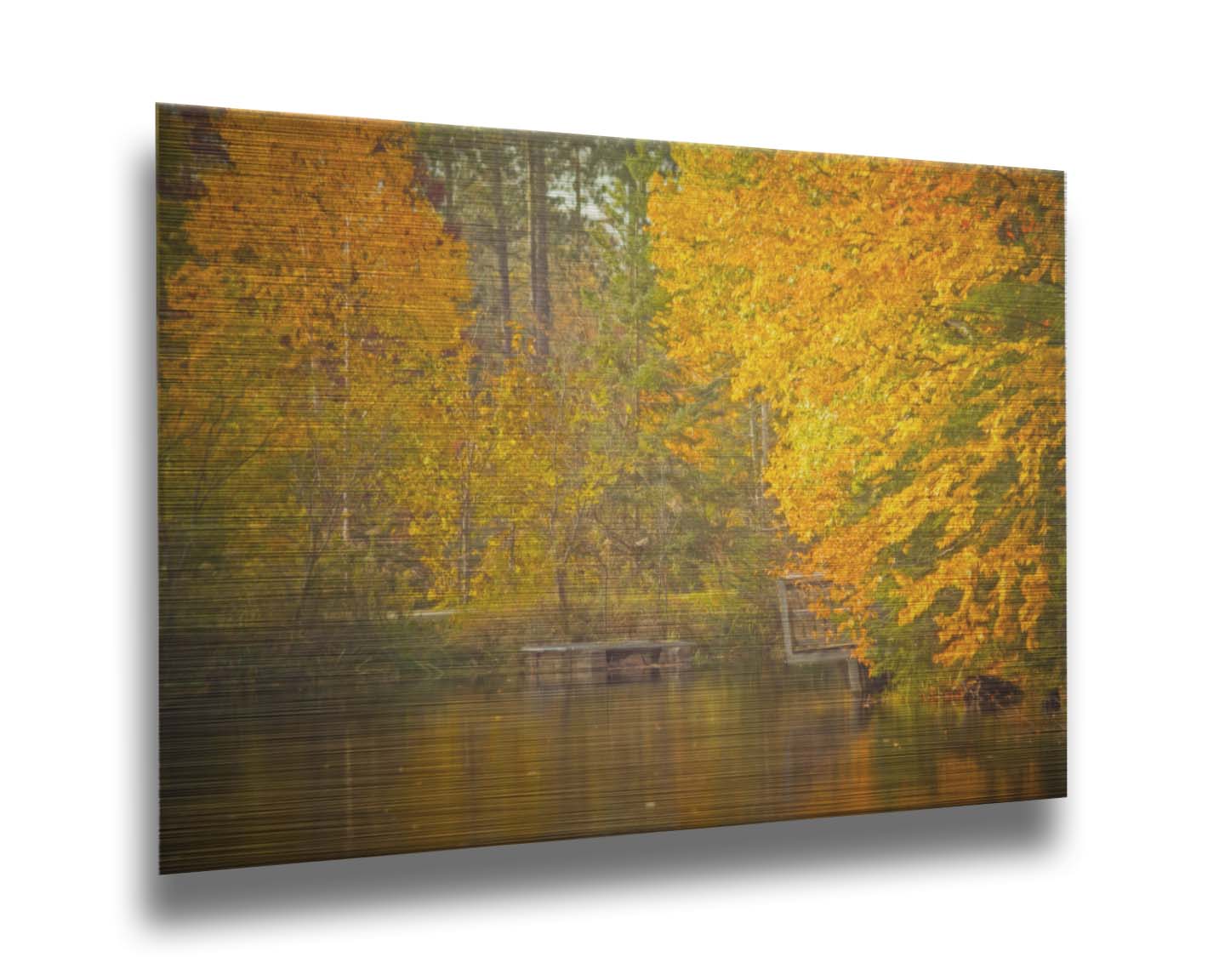 A photo of yellow autumn trees at a pond, their leaves reflecting off the water. Printed on metal.