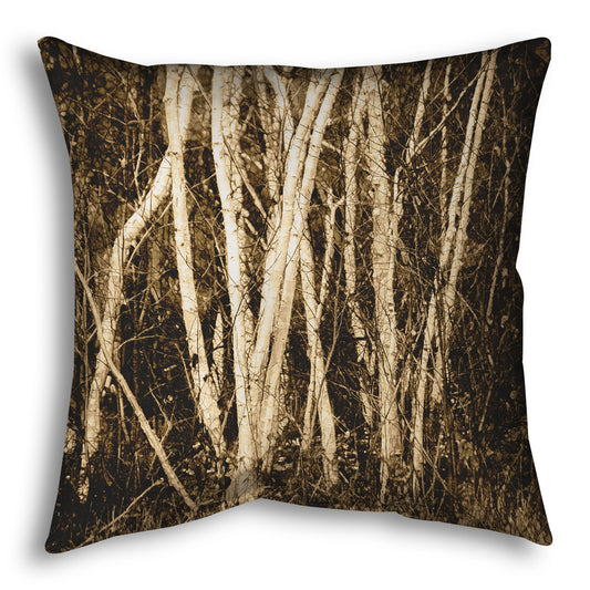A throw pillow designed with a sepia photo of a cluster of birch trees.