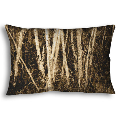 A throw pillow designed with a sepia photo of a cluster of birch trees.