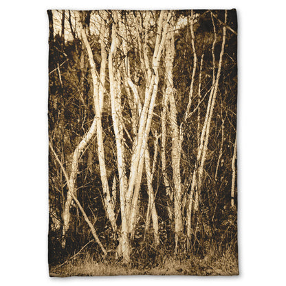 A fleece throw blanket designed with a sepia photo of a cluster of birch trees.