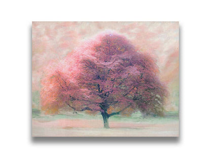 An edited photo of a beech tree, its leaves pink for autumn. It has been modified to have a painterly look. Printed on canvas.