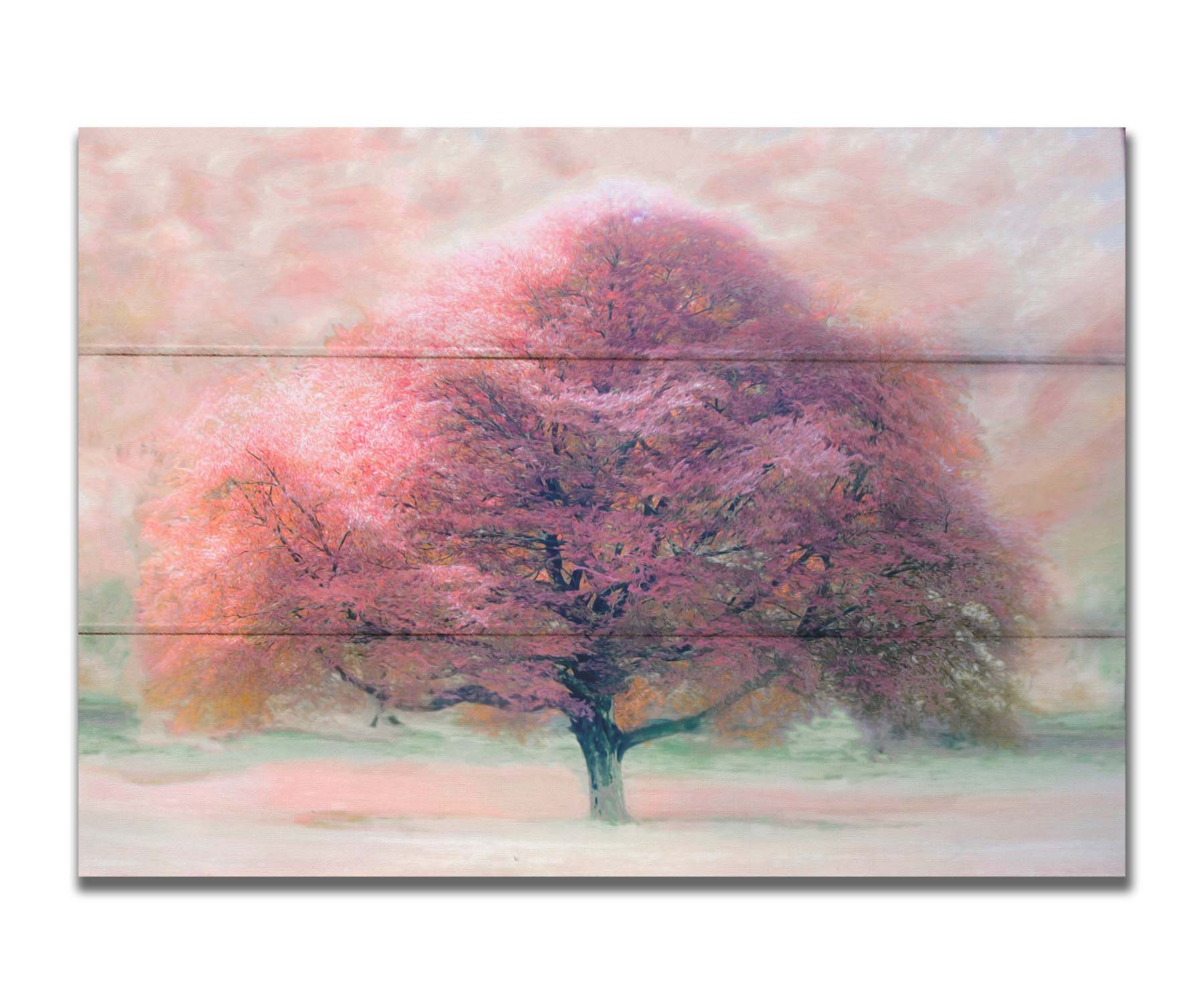 An edited photo of a beech tree, its leaves pink for autumn. It has been modified to have a painterly look. Printed on a box board.