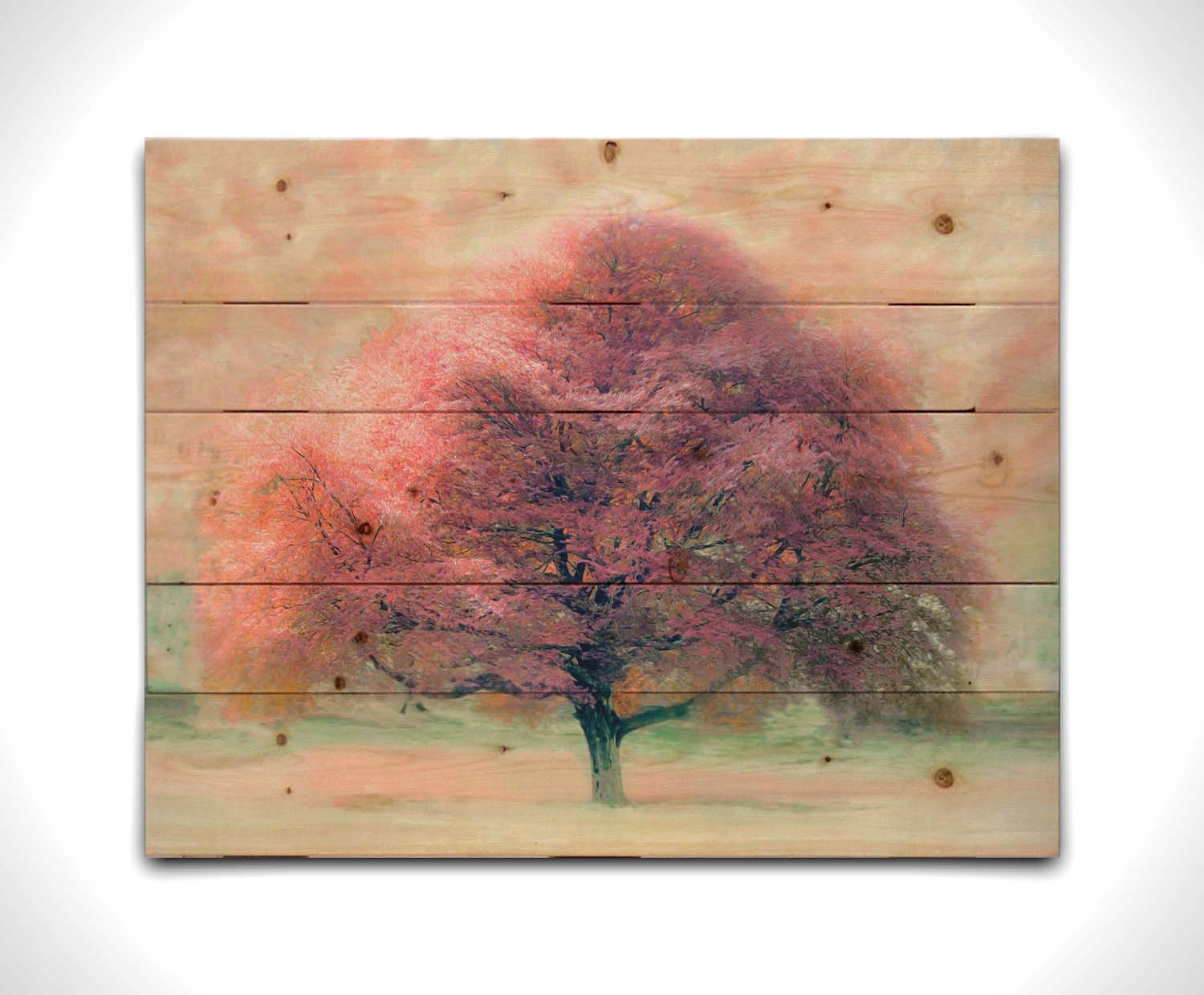 An edited photo of a beech tree, its leaves pink for autumn. It has been modified to have a painterly look. Printed on a wood pallet.