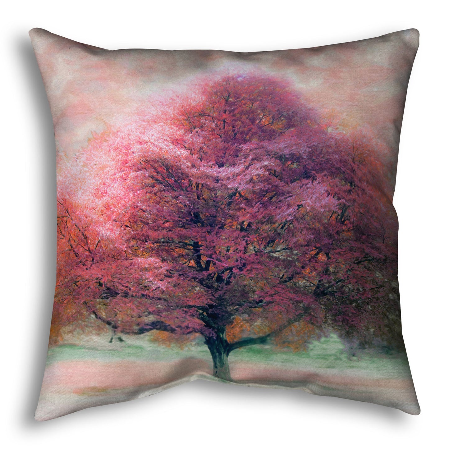 A throw pillow designed with an edited photo of a beech tree, its leaves pink for autumn. It has been modified to have a painterly look.